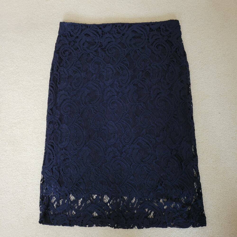 Adrianna Papell Size L Lace Skirt Pencil Knee Length Back Zip Lined Navy Goth